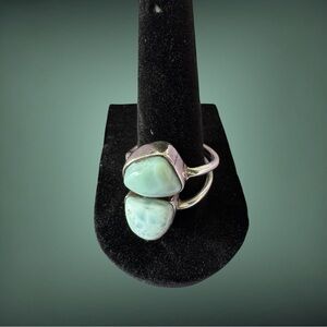 Sterling 2 Stone bypass ring blue-green larimar gemstones.Adjustable size 10